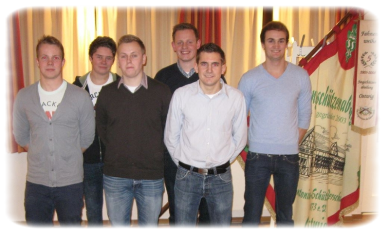 Jungschützenvorstand 2014 Marvin Hengsbach, Laurin Liese, Niklas Odenthal, Felix Odenthal, Chris Hömberg und Patrick Oestreich